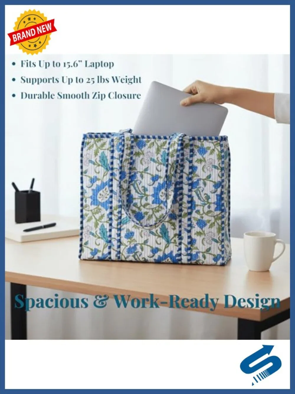 Quilted Cotton Tote Bag with Zipper - Large Block Print Shoulder Bag for Work